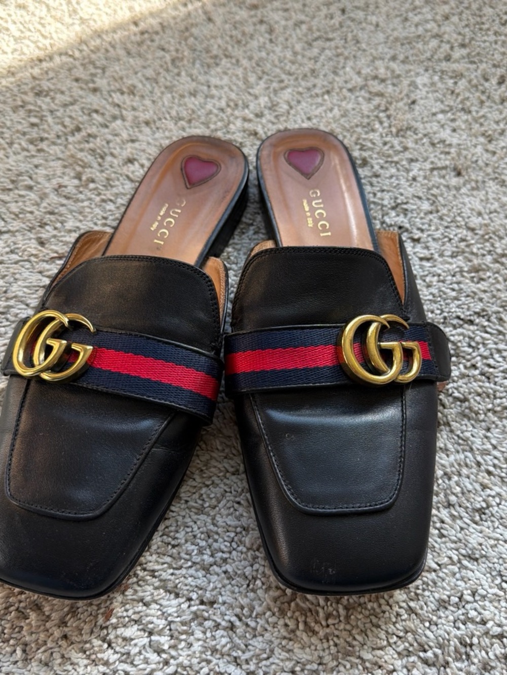 Gucci Black Leather Slide Mules with Red and Blue Web & Gold Double G